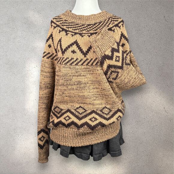 Wonderly Sweaters - Wonderly Fair Isle Printed Sweater Women's L Brown Cabincore Rustic Boho Winter